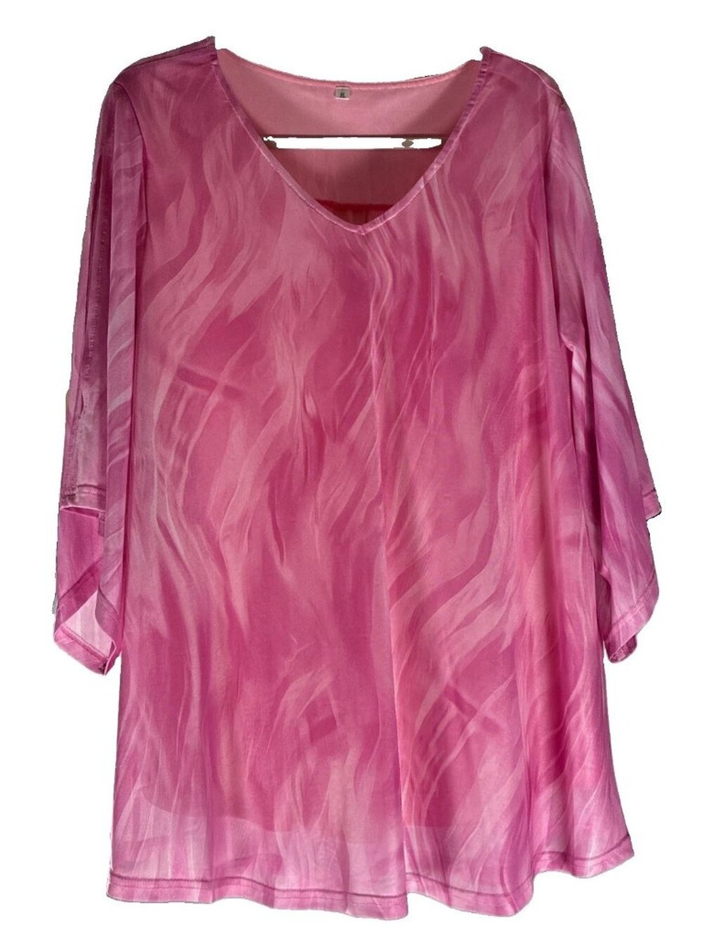 Pink Tie Dye Blouse Womens XL Cold Shoulder Layered Chiffon Bell Sleeve Top New